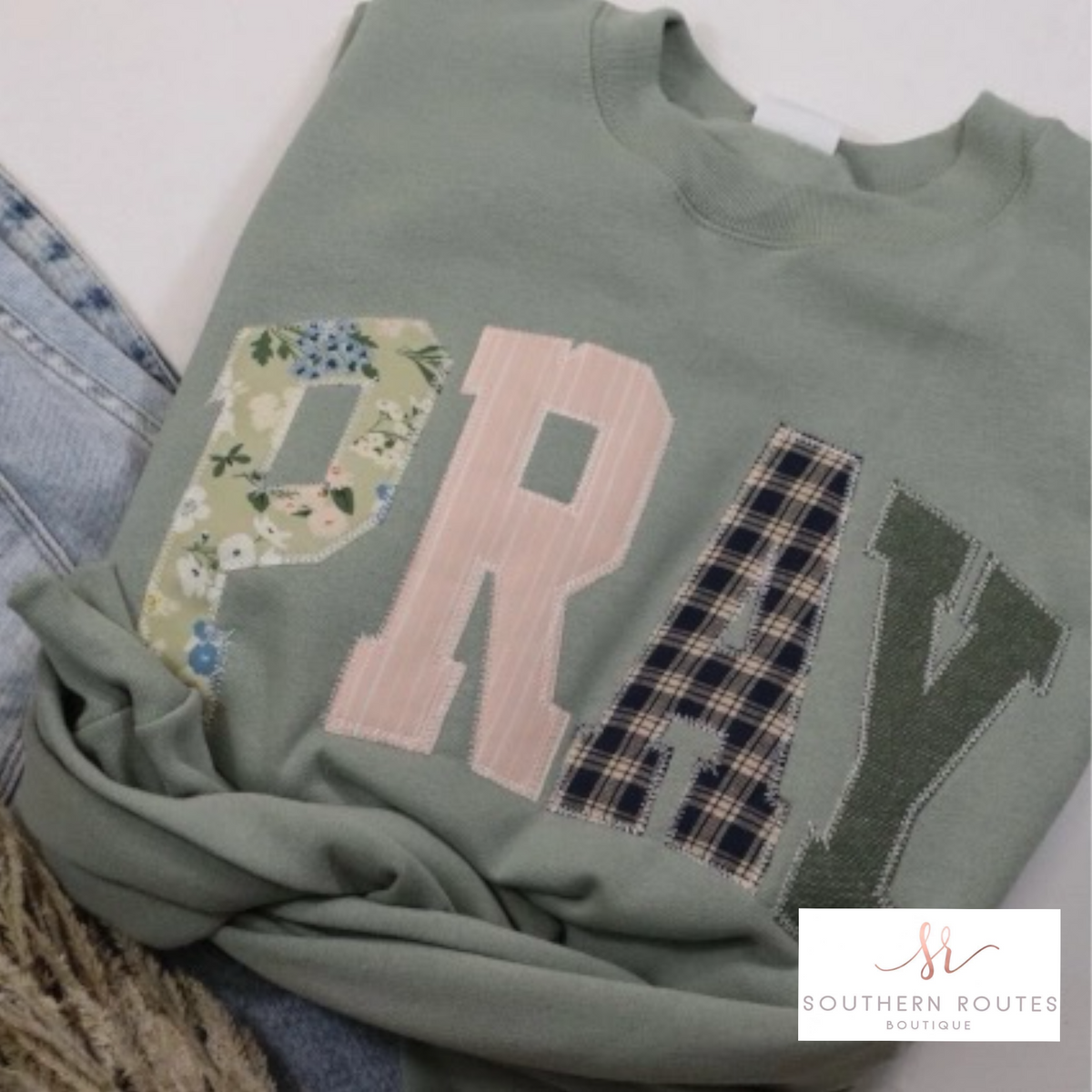 PRAY Embroidered Patch Sweatshirt | Sage