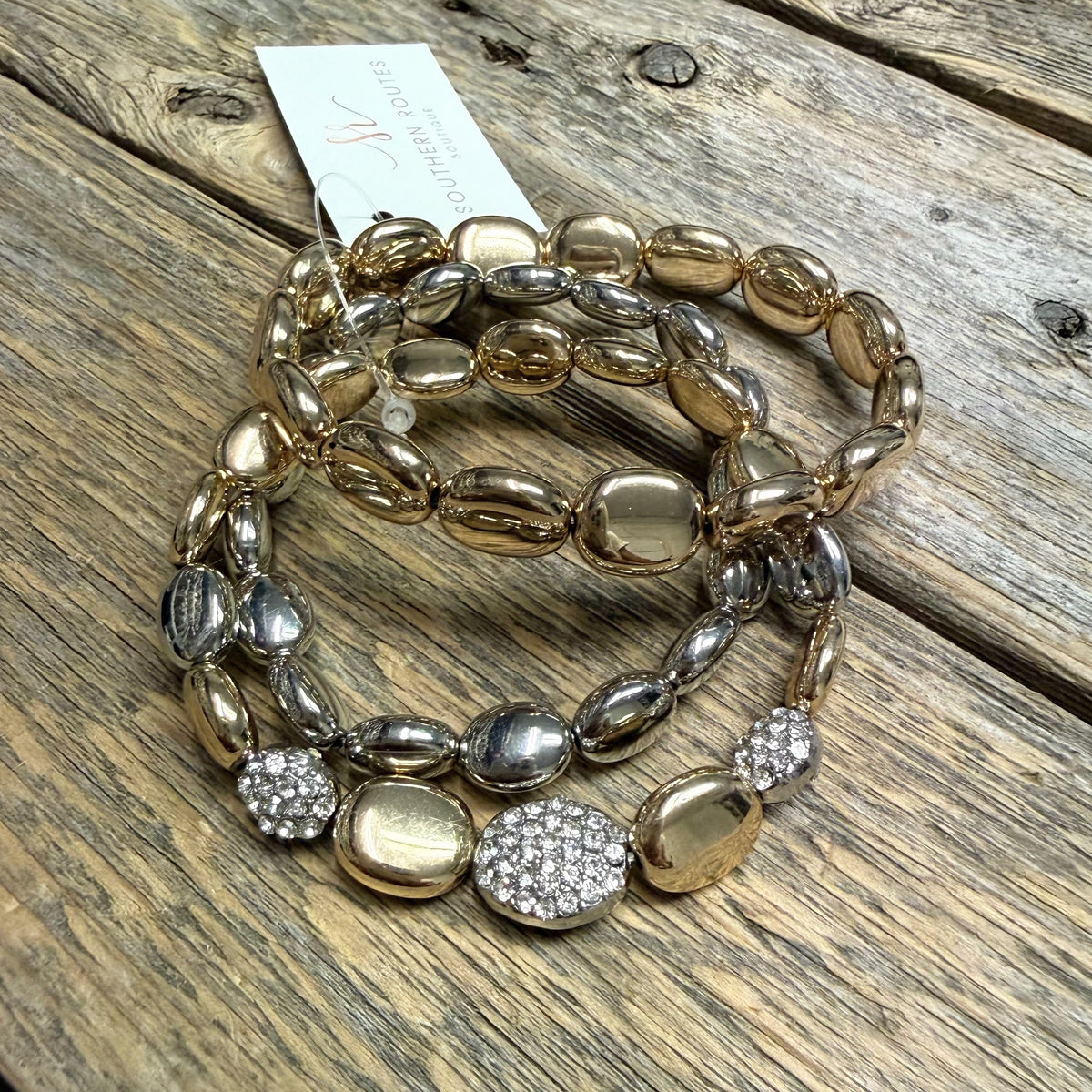 Beaded Stretch Bracelet Set | Gold/Silver/Crystal