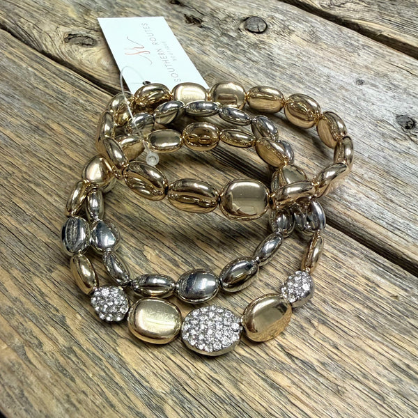 Beaded Stretch Bracelet Set | Gold/Silver/Crystal