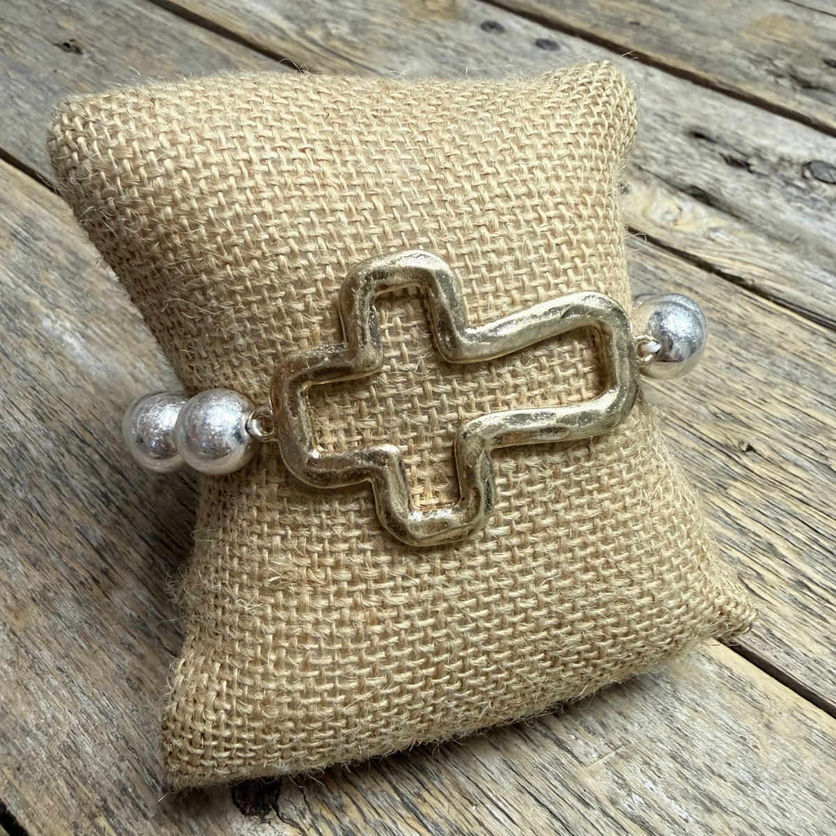 Hammered Open Cross Beaded Stretch Bracelet | Silver/Gold