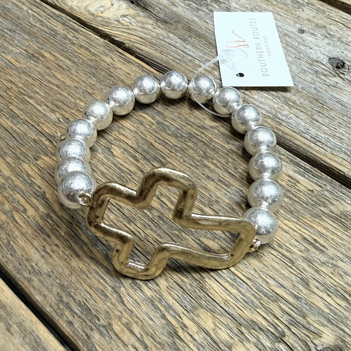 Hammered Open Cross Beaded Stretch Bracelet | Silver/Gold