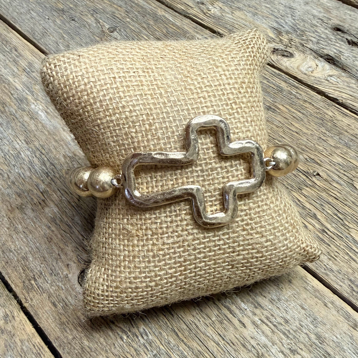 Hammered Open Cross Beaded Stretch Bracelet | Gold