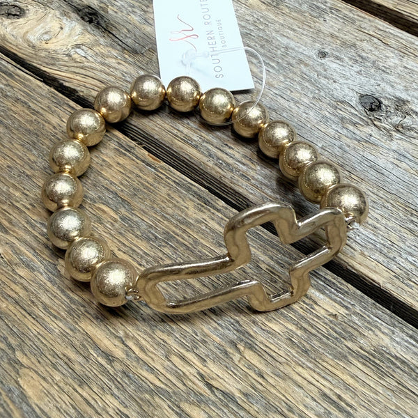 Hammered Open Cross Beaded Stretch Bracelet | Gold