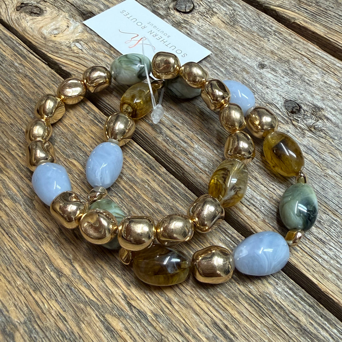 Beaded Stretch Bracelet Set | Light Blue/Green
