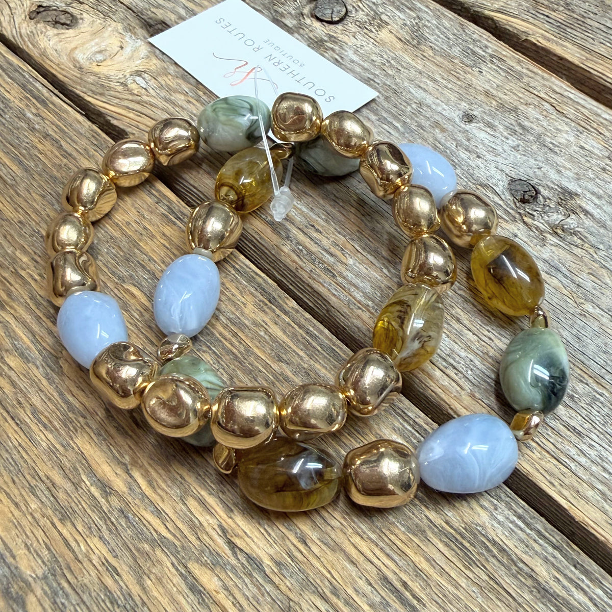 Beaded Stretch Bracelet Set | Light Blue/Green