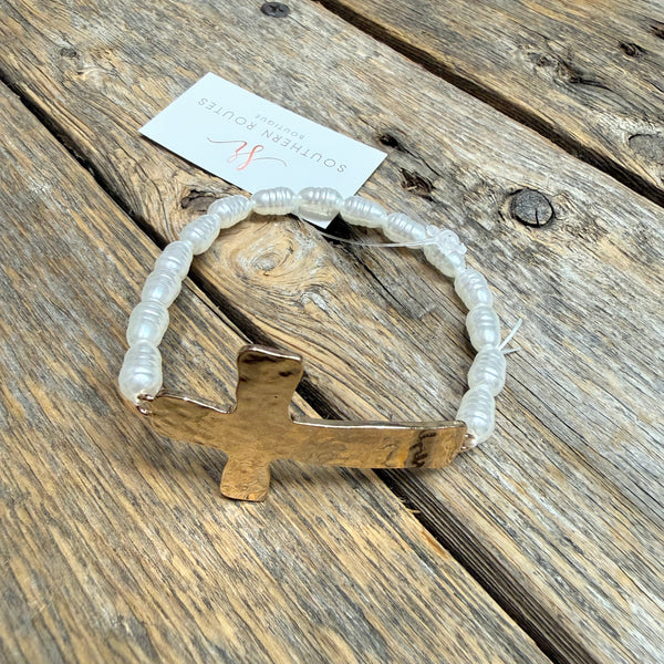 Pearl Hammered Cross Stretch Beaded Bracelet