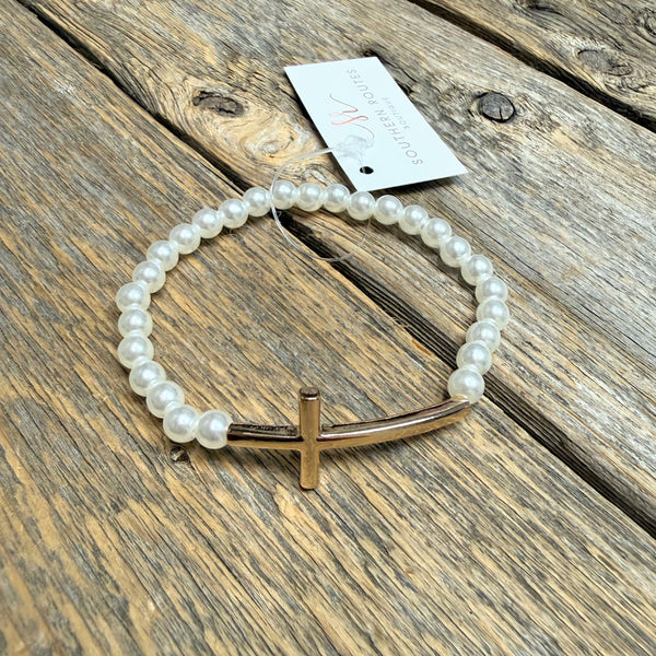Pearl Cross Stretch Beaded Bracelet