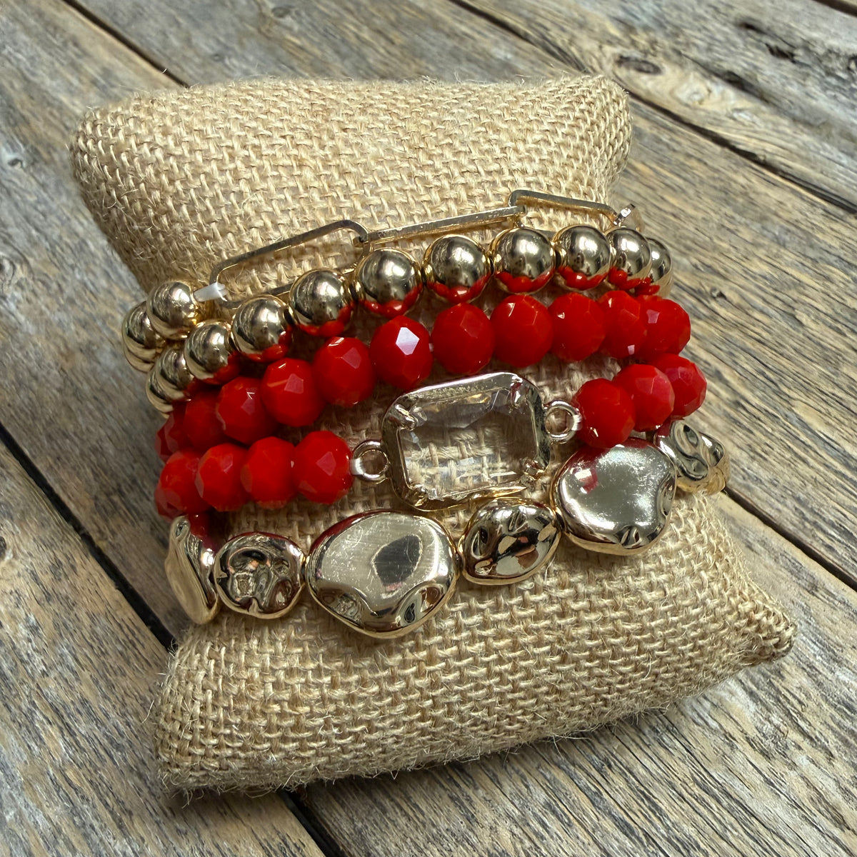Beaded Stretch Bracelet Set | Red/Gold