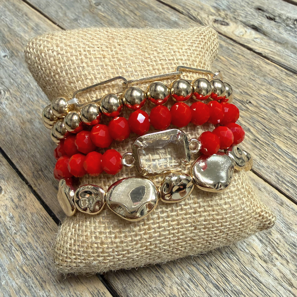 Beaded Stretch Bracelet Set | Red/Gold