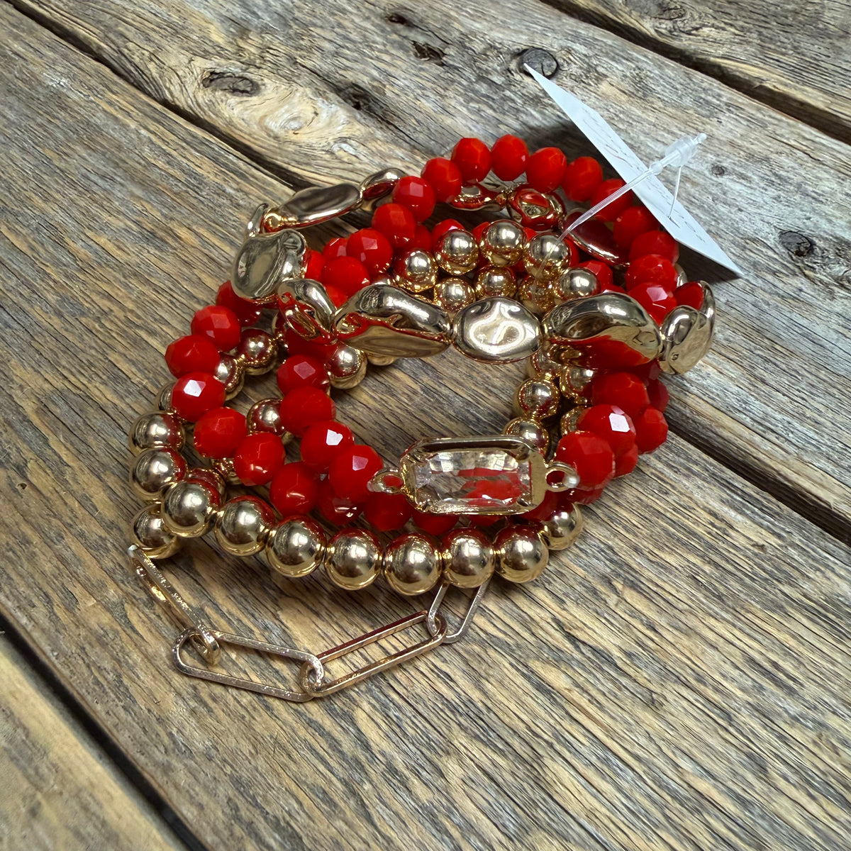 Beaded Stretch Bracelet Set | Red/Gold