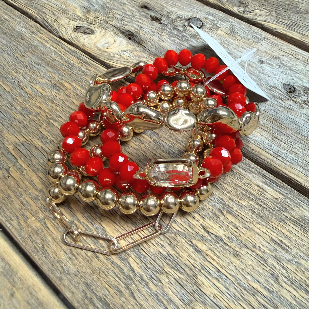 Beaded Stretch Bracelet Set | Red/Gold