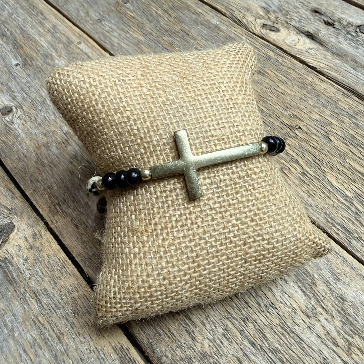 Worn Gold Cross Beaded Stretch Bracelet | Black