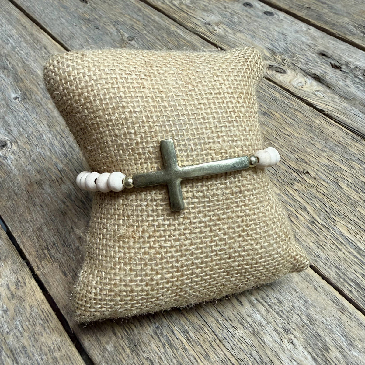 Worn Gold Cross Beaded Stretch Bracelet | Natural
