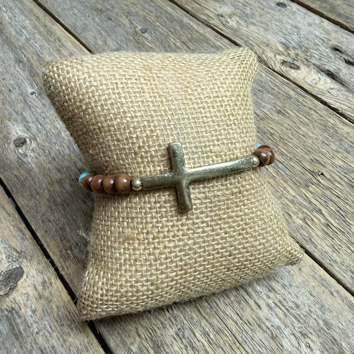 Worn Gold Cross Beaded Stretch Bracelet | Turquoise
