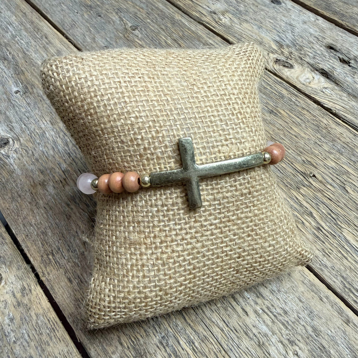 Worn Gold Cross Beaded Stretch Bracelet | Mauve