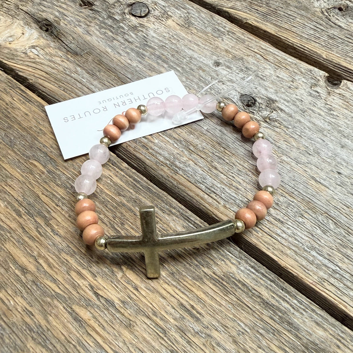Worn Gold Cross Beaded Stretch Bracelet | Mauve