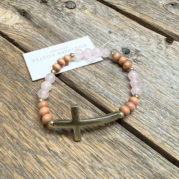 Worn Gold Cross Beaded Stretch Bracelet | Mauve