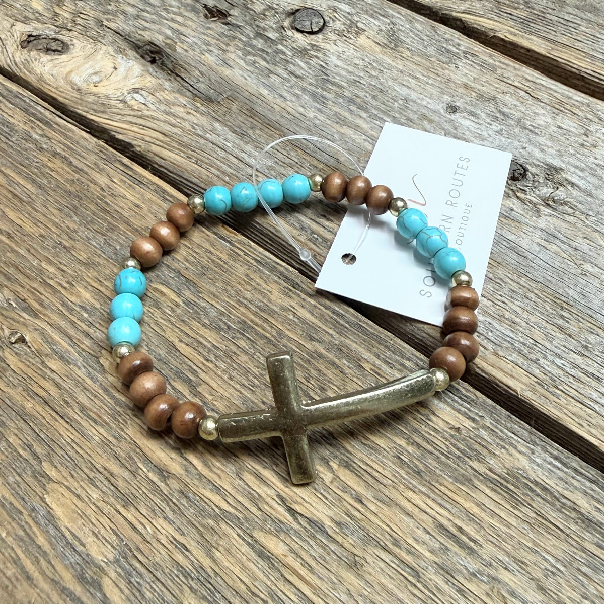 Worn Gold Cross Beaded Stretch Bracelet | Turquoise