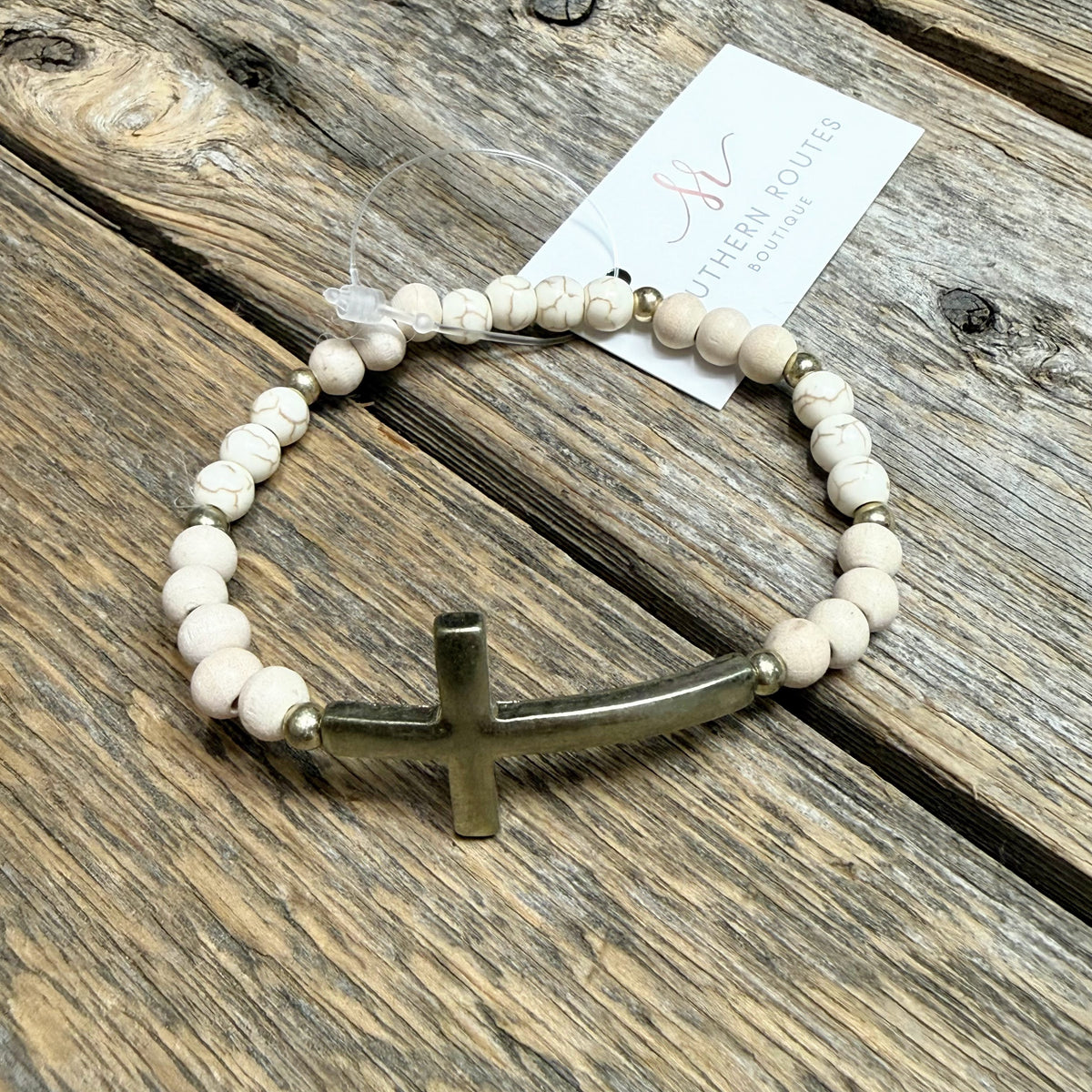 Worn Gold Cross Beaded Stretch Bracelet | Natural