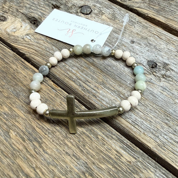 Worn Gold Cross Beaded Stretch Bracelet | Mint
