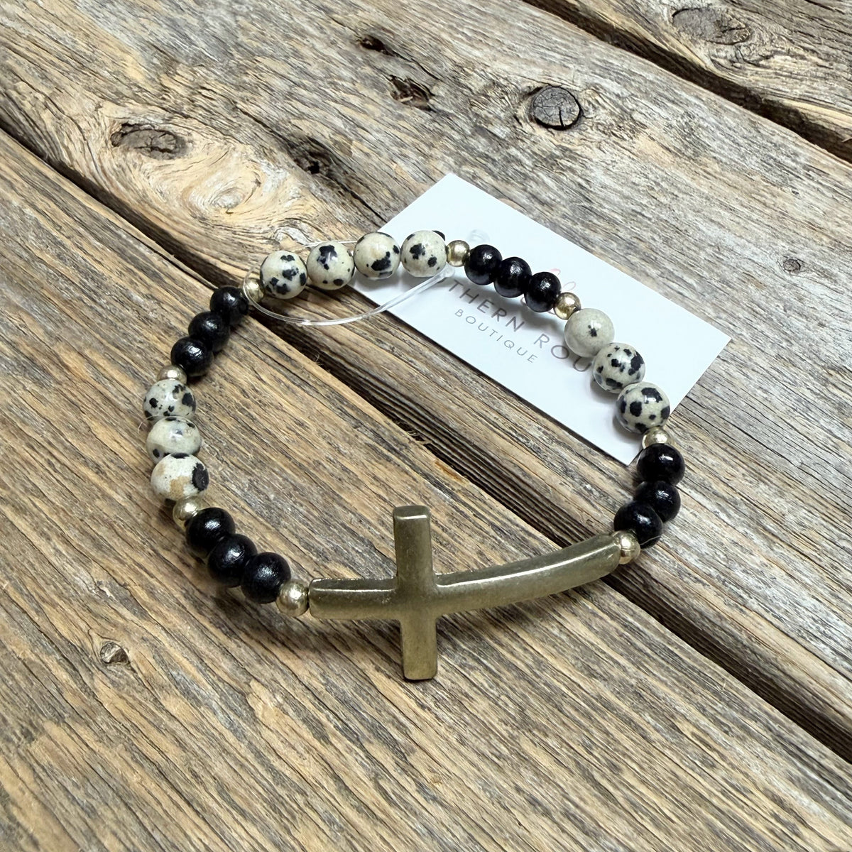 Worn Gold Cross Beaded Stretch Bracelet | Black