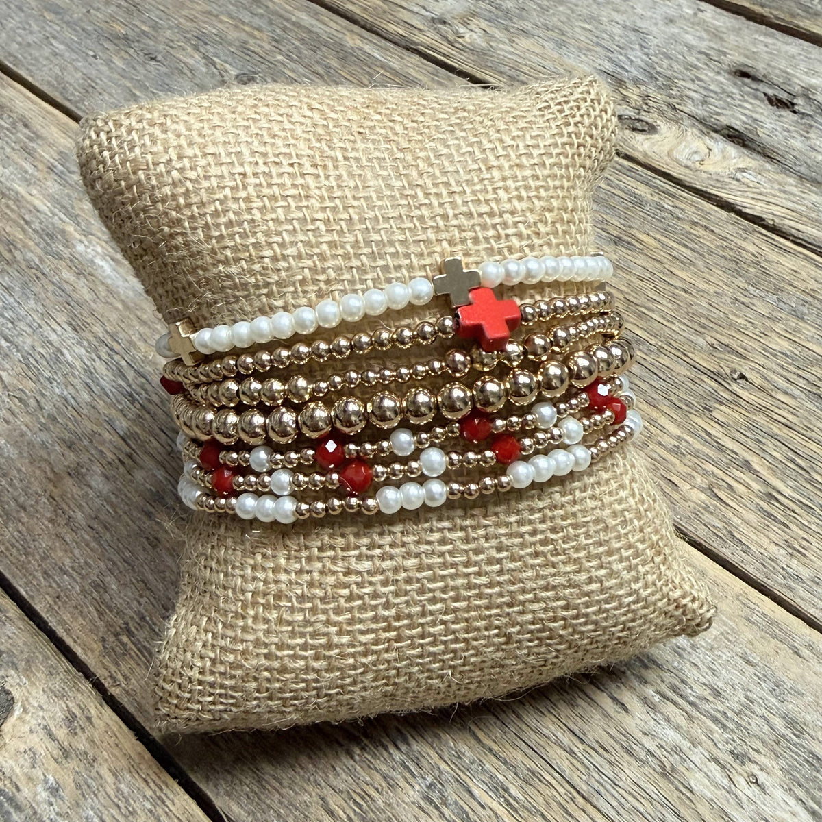 Beaded Cross Accent Stretch Bracelet Set | Red/Gold/Pearl