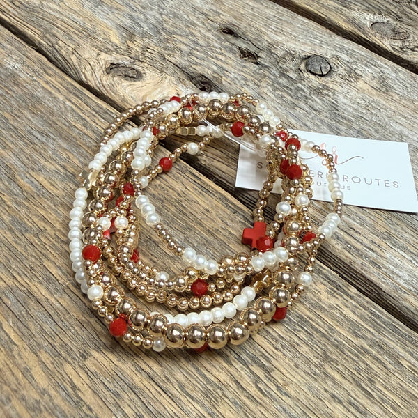 Beaded Cross Accent Stretch Bracelet Set | Red/Gold/Pearl