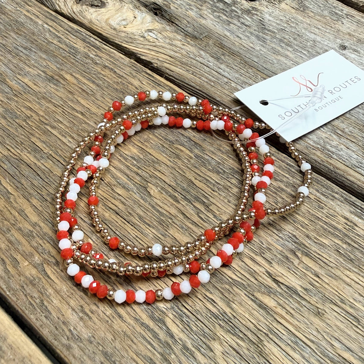 Beaded Stretch Bracelet Set | Red/Gold