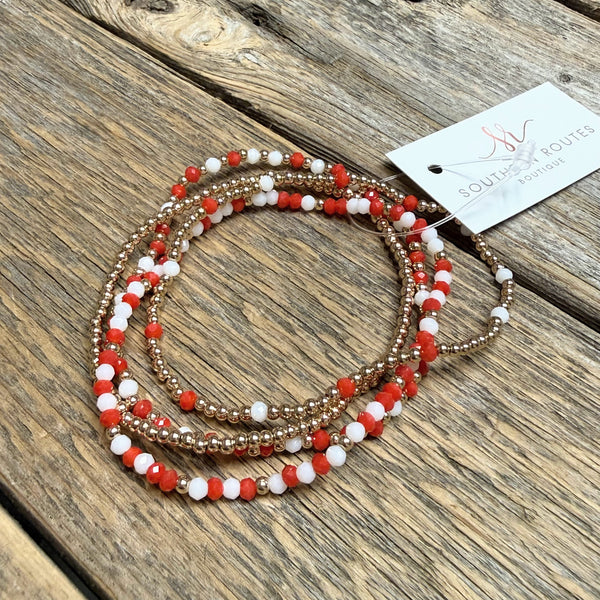 Beaded Stretch Bracelet Set | Red/Gold