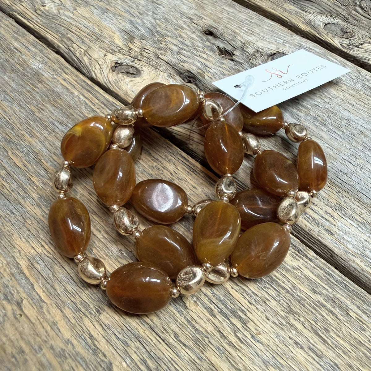 Beaded Stretch Bracelet Set | Brown/Gold