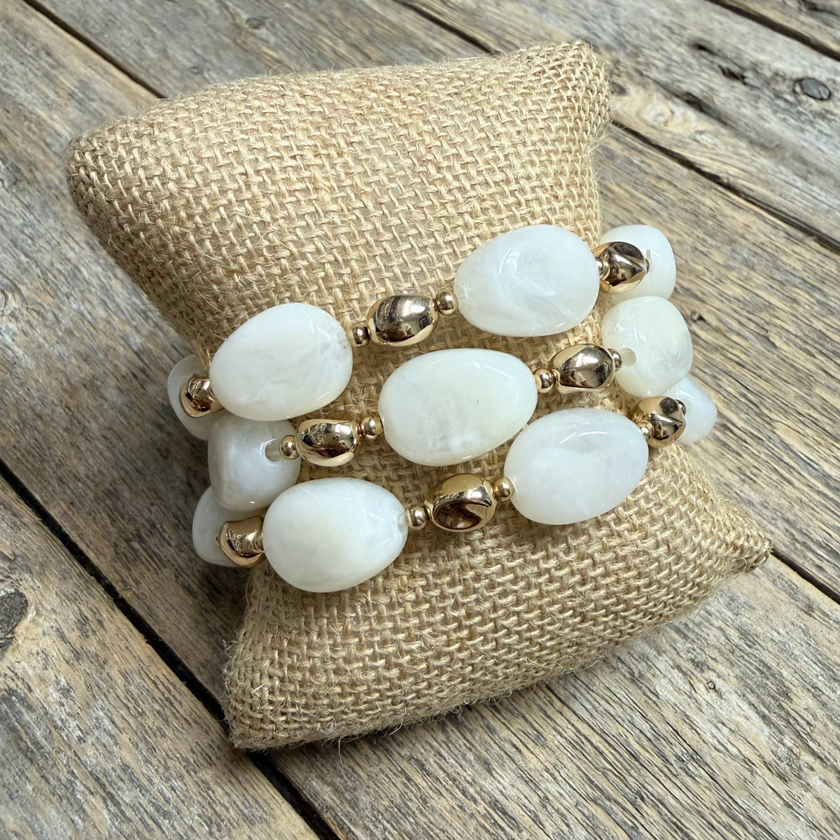 Beaded Stretch Bracelet Set | Ivory/Gold