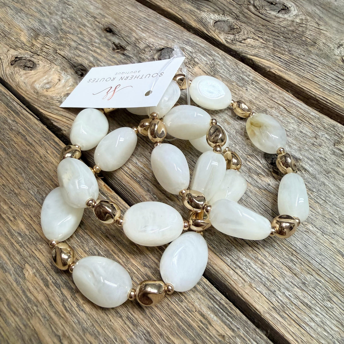 Beaded Stretch Bracelet Set | Ivory/Gold