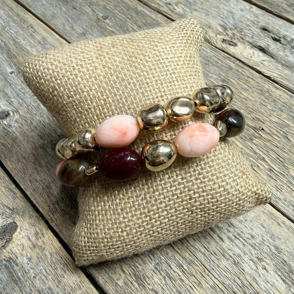 Beaded Stretch Bracelet Set | Burgundy/Pink/Gold