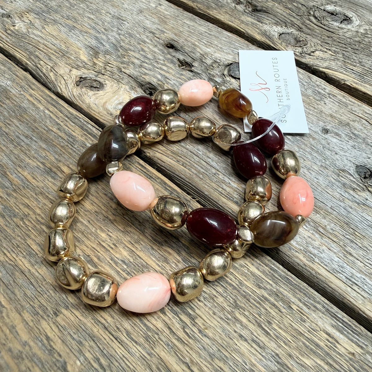 Beaded Stretch Bracelet Set | Burgundy/Pink/Gold