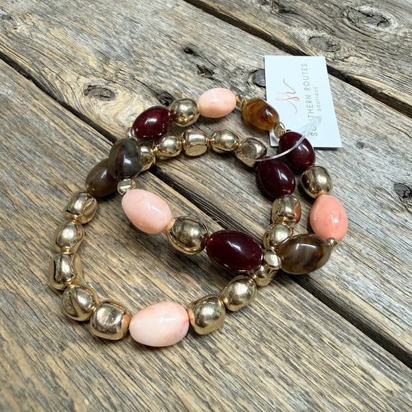 Beaded Stretch Bracelet Set | Burgundy/Pink/Gold