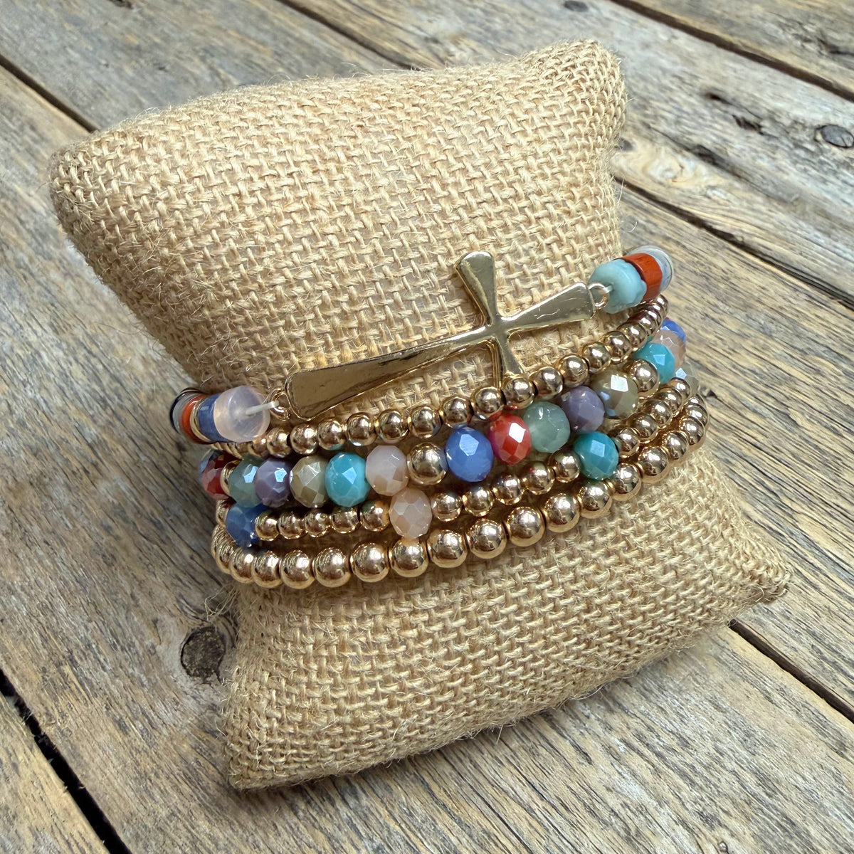 Beaded Cross Stretch Bracelet Set | Multi/Gold