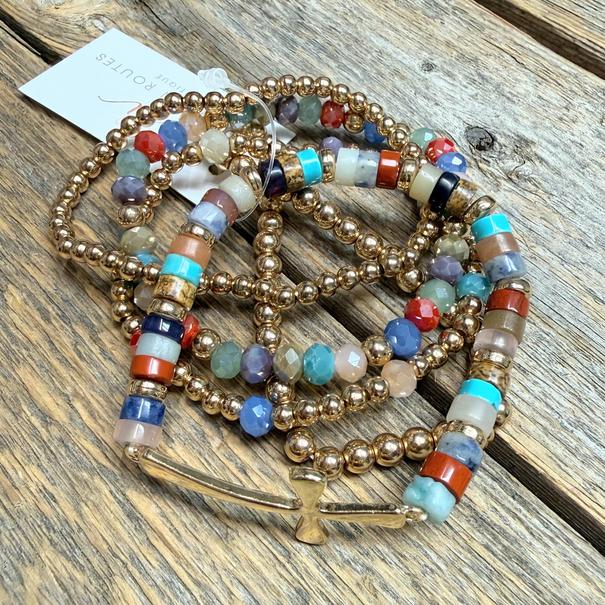 Beaded Cross Stretch Bracelet Set | Multi/Gold
