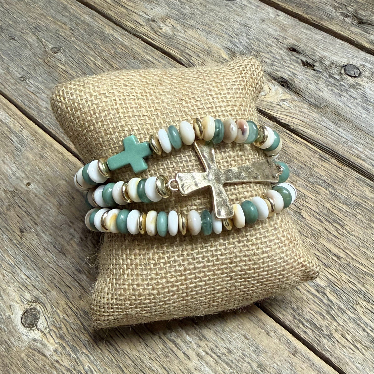 Beaded Hammered Cross Stretch Bracelet Set | Sage/Gold