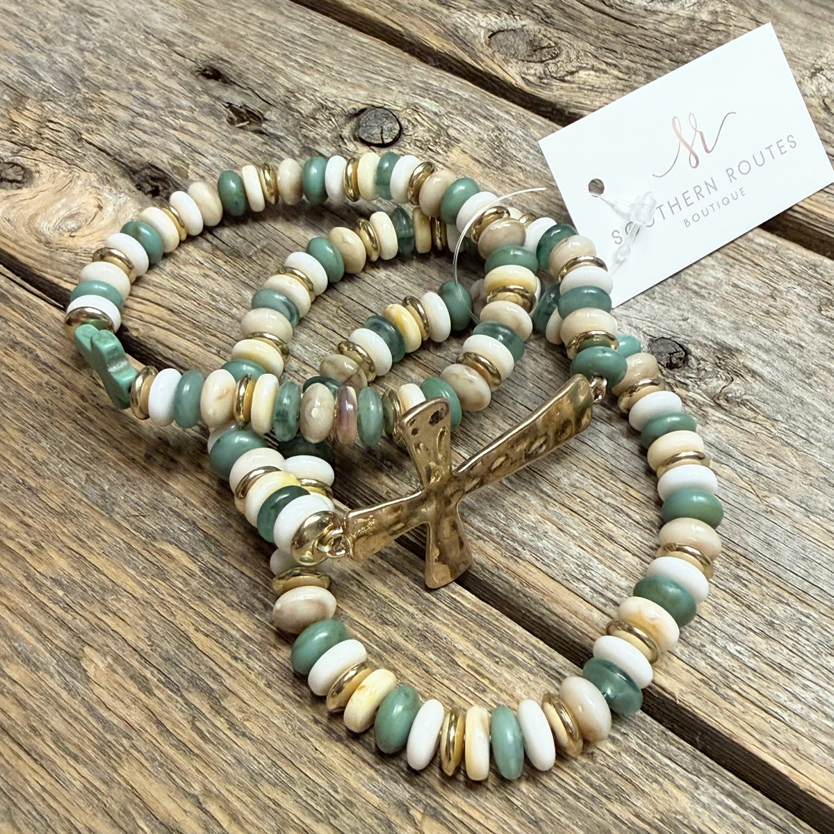 Beaded Hammered Cross Stretch Bracelet Set | Sage/Gold