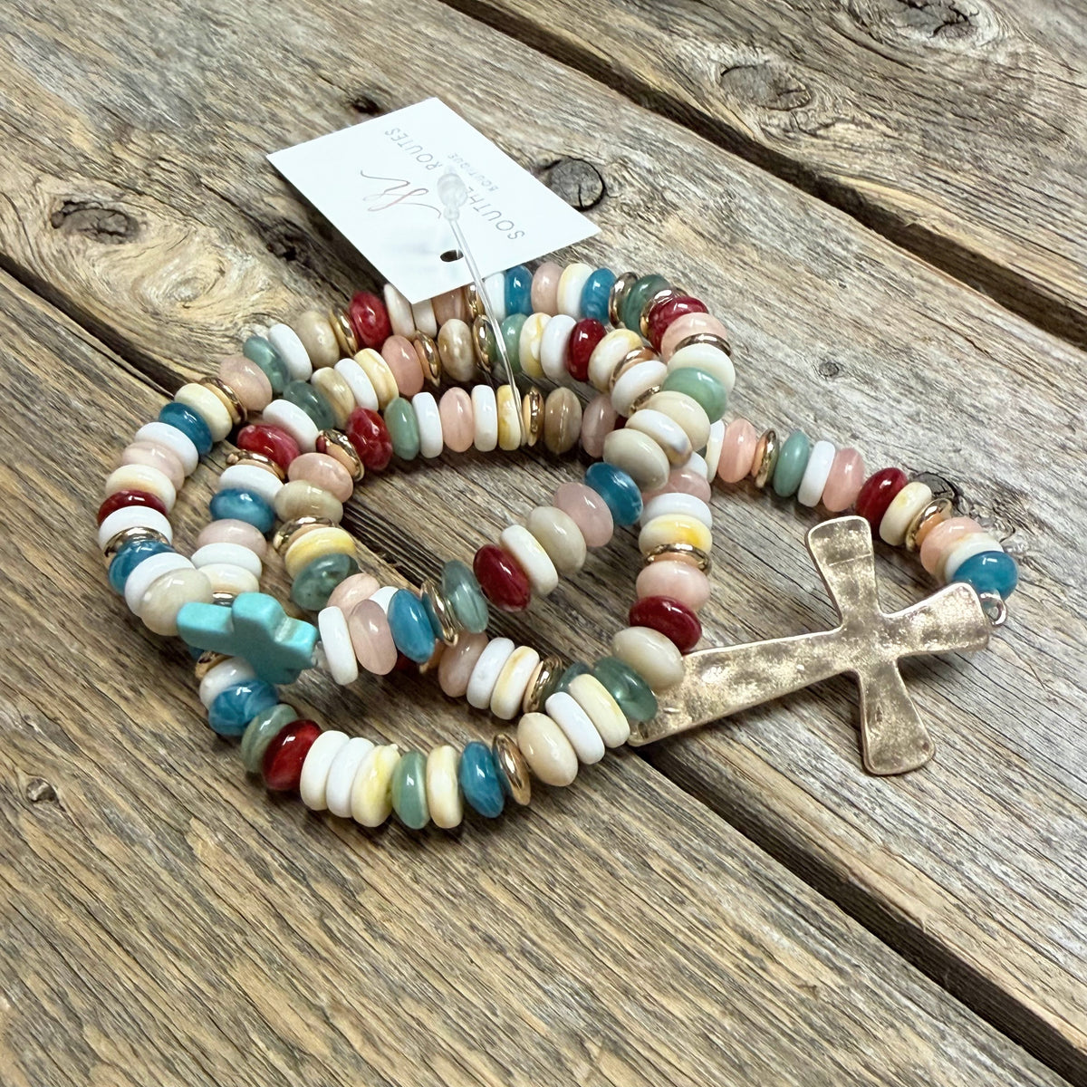 Beaded Hammered Cross Stretch Bracelet Set | Multi/Gold