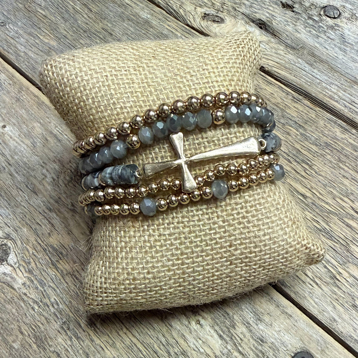 Beaded Cross Stretch Bracelet Set | Grey/Gold