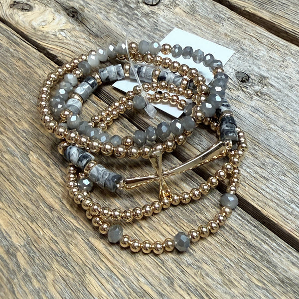 Beaded Cross Stretch Bracelet Set | Grey/Gold