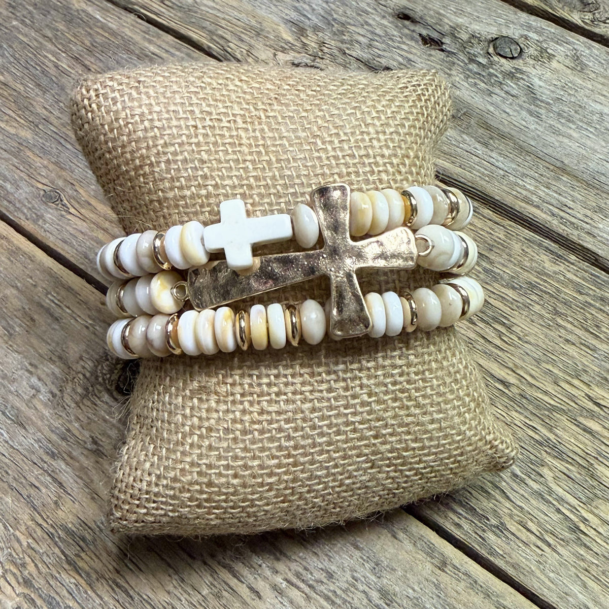 Beaded Hammered Cross Stretch Bracelet Set | Neutral/Gold