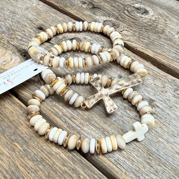 Beaded Hammered Cross Stretch Bracelet Set | Neutral/Gold