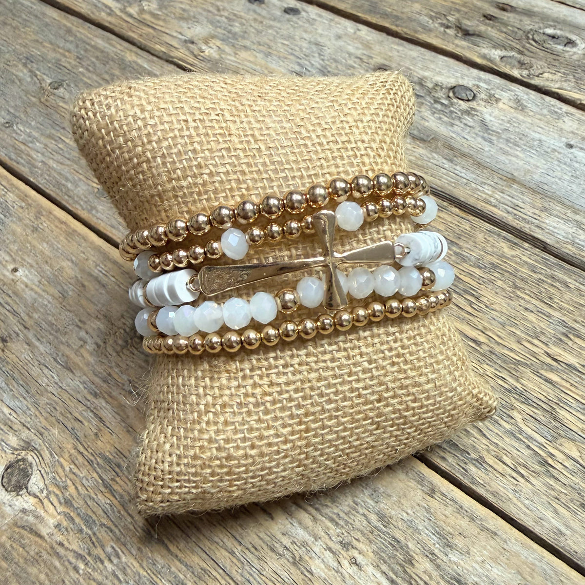 Beaded Cross Stretch Bracelet Set | White/Gold