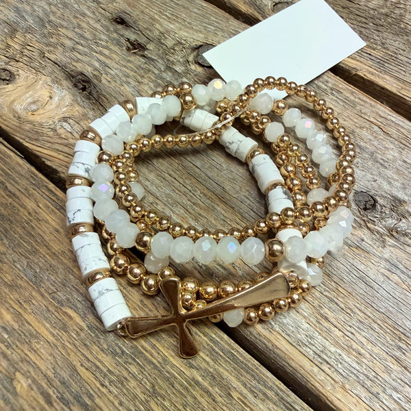 Beaded Cross Stretch Bracelet Set | White/Gold