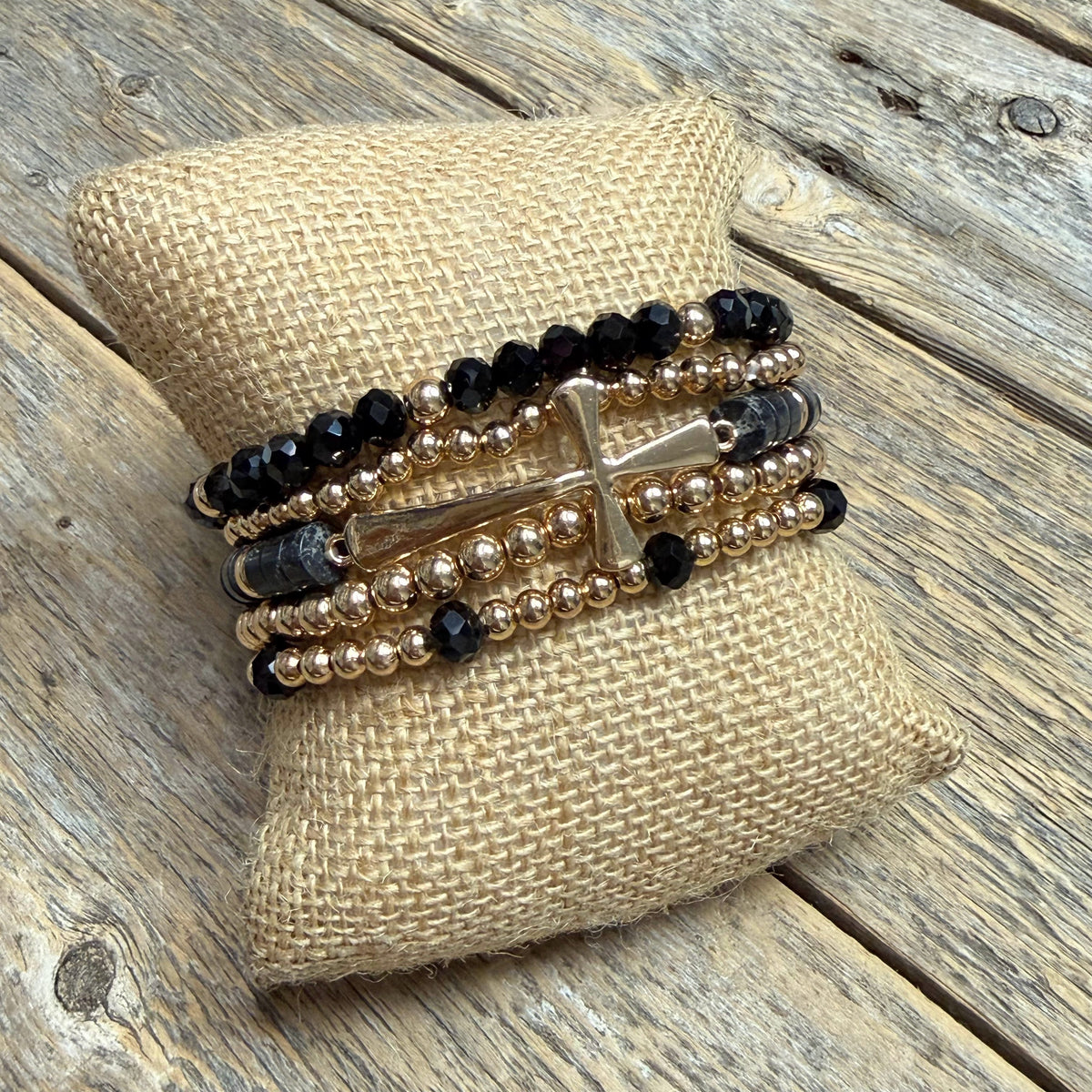 Beaded Cross Stretch Bracelet Set | Black/Gold