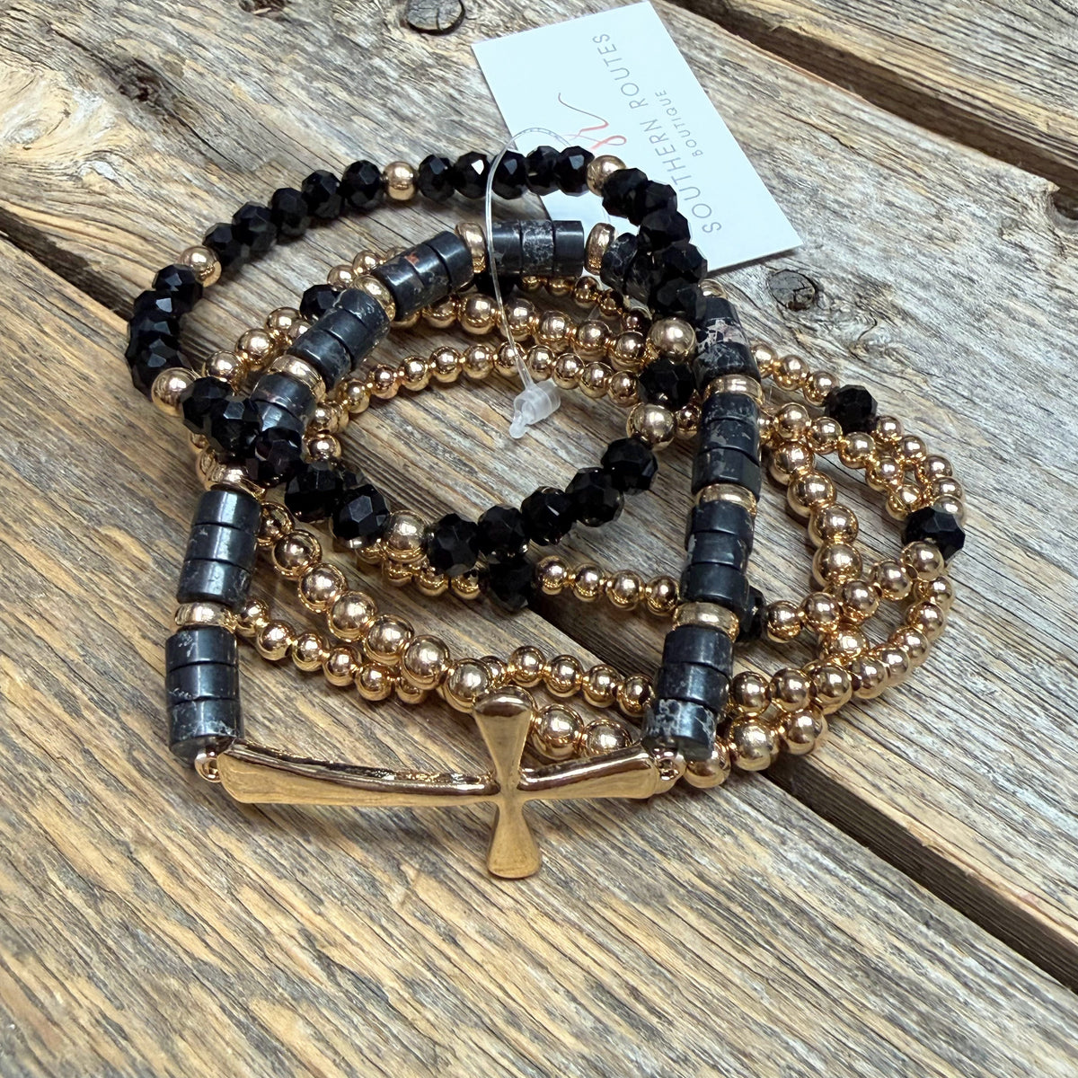 Beaded Cross Stretch Bracelet Set | Black/Gold
