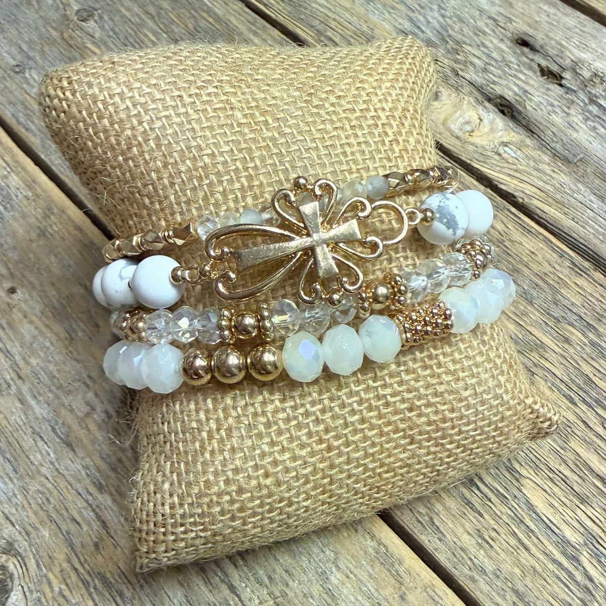 Beaded Ornate Cross Stretch Bracelet Set | White/Gold