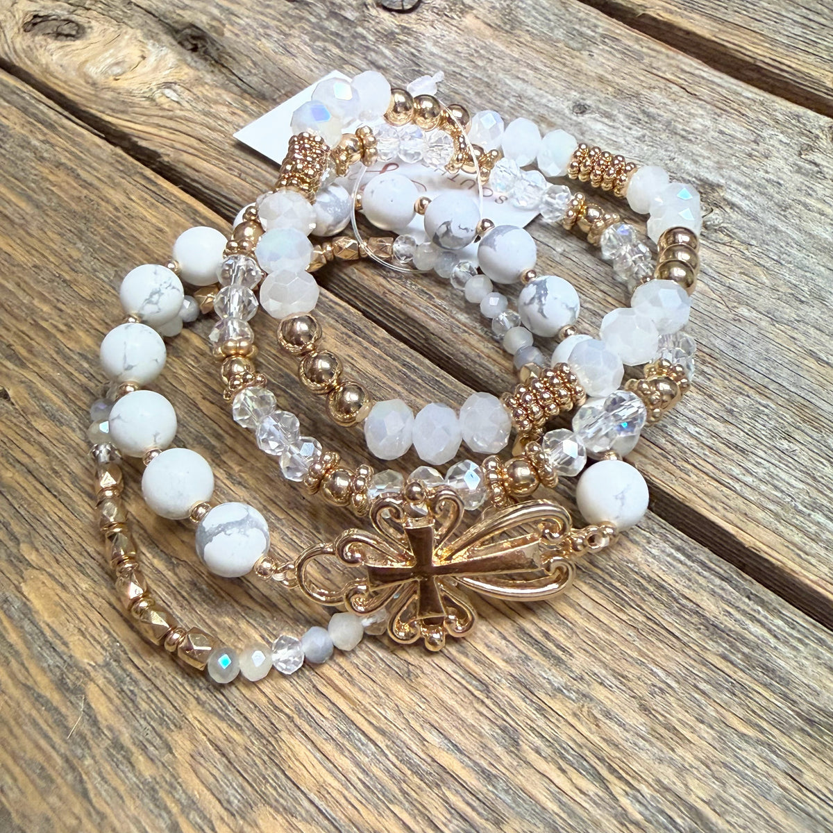 Beaded Ornate Cross Stretch Bracelet Set | White/Gold